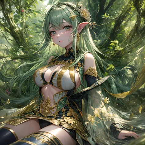 obra-prima, melhor qualidade, high_resolution, finamente detalhado, extremamente detalhado e bonito, distinct_image, 1 menina, solo, de baixo, cabelo verde, olhos amarelos, orelhas de elfo, (seios enormes), (underboob), roupas primitivas feitas de couro na...