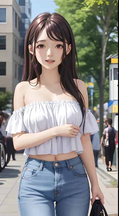 kaori brown long, brown hair, beautiful face, smile ,blush,blue sky, on the street,(masterpiece:1.2), best quality,4k, casual dr...