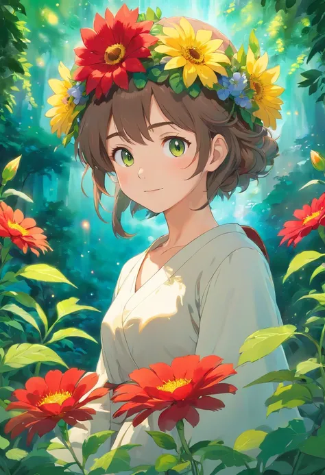 (mostly realistic:1.1)alraune with a large, beautiful red flower on its head, camouflaging itself among a sea of vibrant flowers(mostly realistic:0.9),(extremely detailed:1.1)lush green vines covering its body, brightly colored flowers flowing gracefully t...