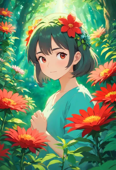 (mostly realistic:1.1)alraune with a large, beautiful red flower on its head, camouflaging itself among a sea of vibrant flowers(mostly realistic:0.9),(extremely detailed:1.1)lush green vines covering its body, brightly colored flowers flowing gracefully t...