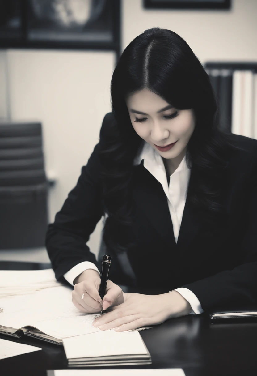 Wearing black leather gloves in both hands, upper body, black business suit, facing the desk in the modern study in the dark, looking down and smiling, writing a letter using a fountain pen, long straight black hair, young and very cute Japanese female new...