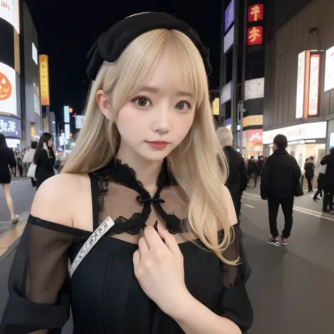 A Japanese Lady。Reveal black dress。Colossal tits。Very cute。Blonde hair close to white。Medium Hair。Halloween。The background is Shibuya at night。