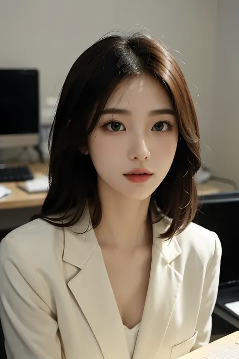 High-res, Realistic portrait of professional korean office lady with perfect skin，Professional suits，Womens suits，stand posture，The upper part of the body，Women in the workplace，Show confidence and maturity, Surrounded by a modern corporate environment, Vi...