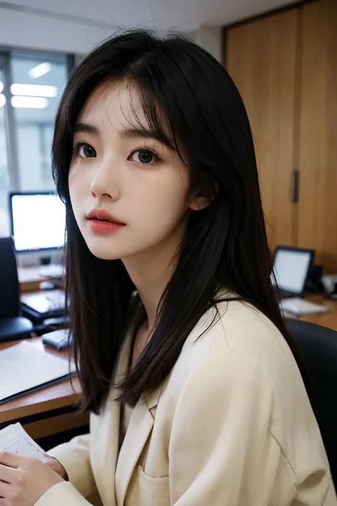 High-res, Realistic portrait of professional korean office lady with perfect skin，Professional suits，Womens suits，stand posture，The upper part of the body，Women in the workplace，Show confidence and maturity, Surrounded by a modern corporate environment, Vi...