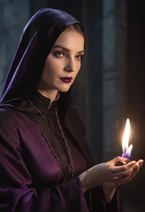 A  nun, upper body,dressed in a long black habit, that purple flame flows around her. Her face is both beautiful and dangerous, with pale skin and dark eyes that seem to glow in the darkness,Her hair is long and flowing, stretching down her back like tendr...