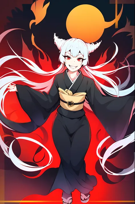 urara ayashimon, silver hair, horns hair, red eyes, loli, black kimono, smile, full body, flipflops,sharpteeth