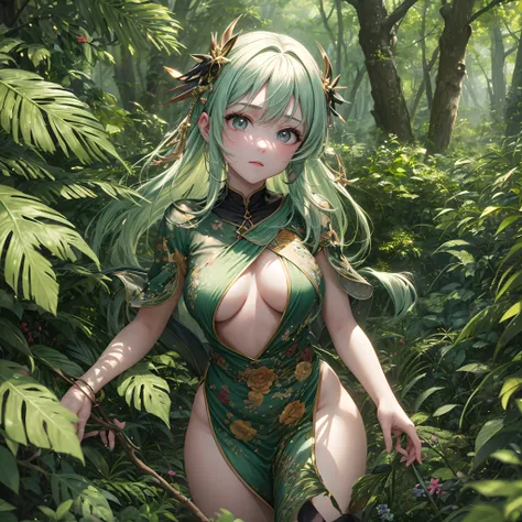 obra-prima, melhor qualidade, high_resolution, finamente detalhado, extremamente detalhado e bonito, distinct_image, 1 menina, solo, de baixo, cabelo verde, olhos amarelos, orelhas de elfo, (seios enormes), (underboob), roupas primitivas feitas de couro na...