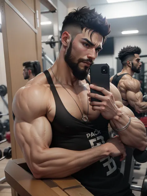 Mascular strong physique with real face and black dark gym background