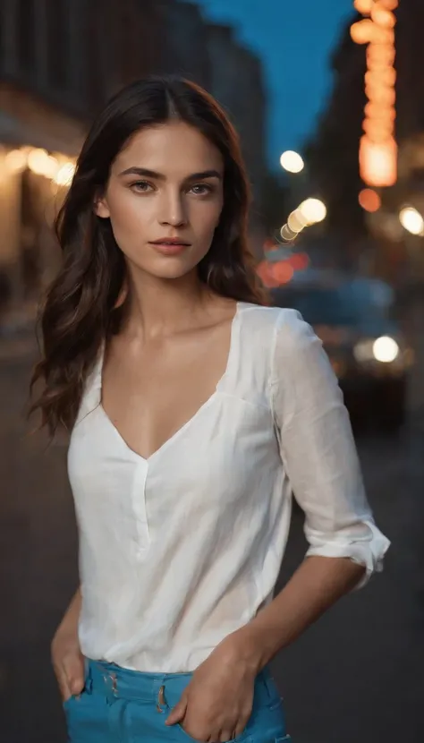 A stunning portrait of a girl in a white shirt and blue pants. Seus olhos se enchem de curiosidade, refletindo sua natureza curiosa. Coloque-a em um ambiente urbano movimentado, com luzes da cidade iluminando a noite. The contrast between his innocence and...