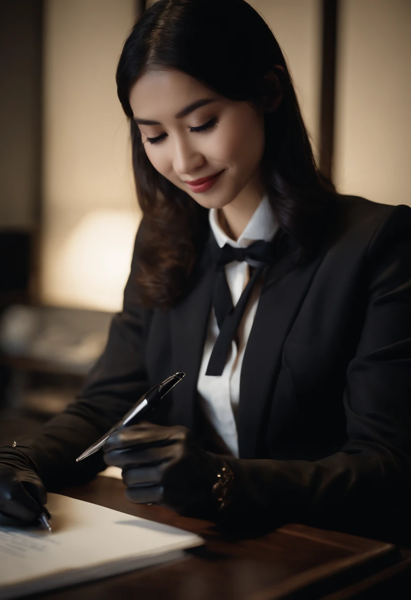 Wearing black leather gloves in both hands, upper body, black business suit, facing the desk in the modern study in the dark, looking down and smiling, writing a letter using a fountain pen, long straight black hair, young and very cute Japanese female new...