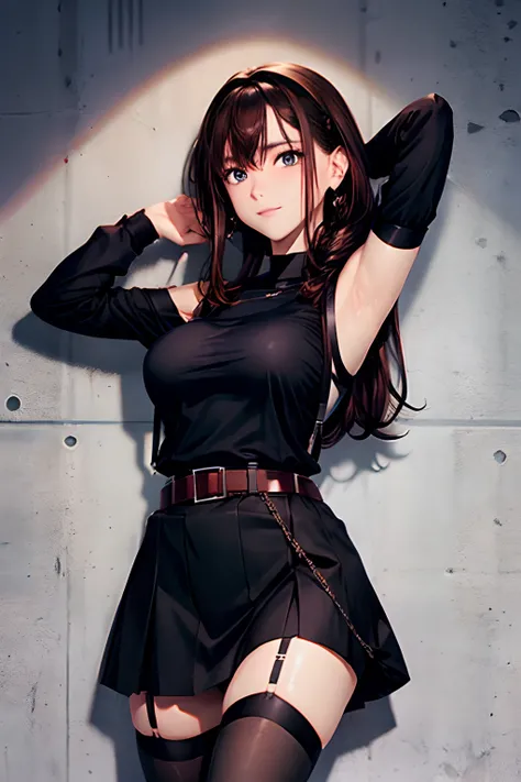 Black skirt, 　suspenders, Brown hair Gray eyes, Garter belt on the legs, Tight black clothes, 　　 a belt　Armpit sweat　　Dark look　Moderately breasts　holster　chain　　poneyTail