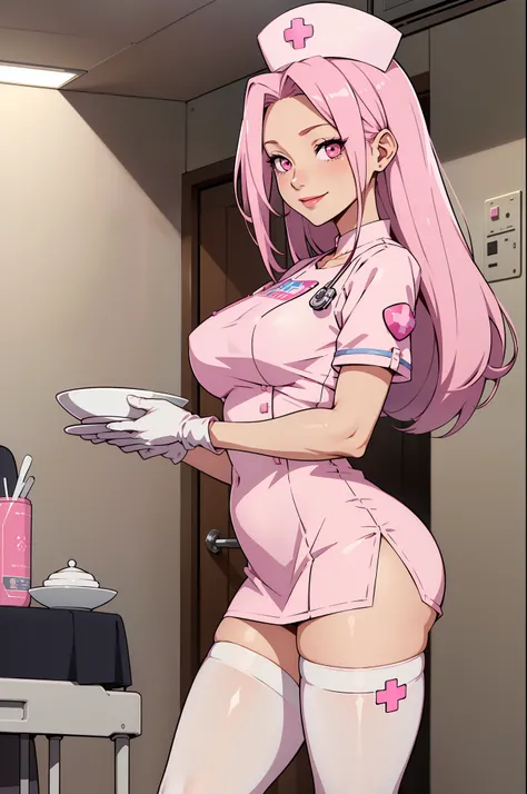 1womanl, nurse, nurse cap, White tableware, ((white legwear, zettai ryouiki)), white gloves, Long hair, rose hair,pink fox ears, pink eyes, pink lipsticks, Smile, Standing, ((Hospital ward)), sharp outline, short sleeves, Mature female, 35 years old, Best ...