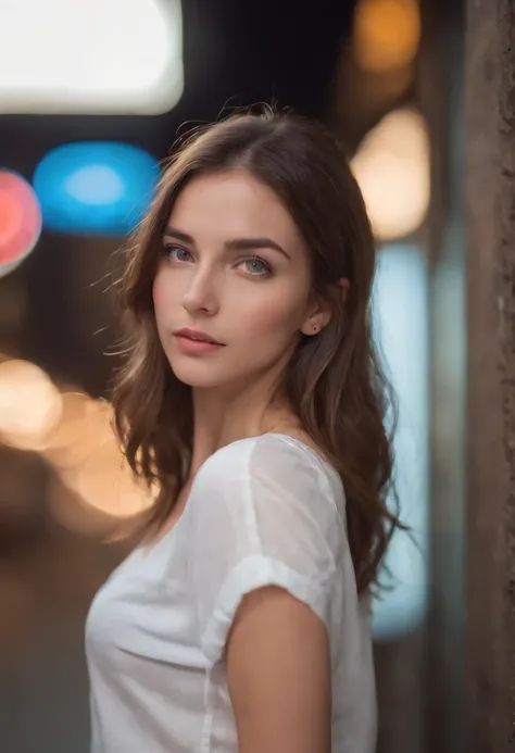 A stunning portrait of a girl in a white shirt and blue pants,upper body, Her eyes fill with curiosity, reflecting her curious nature,Put her in a busy urban environment, with city lights illuminating the night,The contrast between her innocence and urban ...