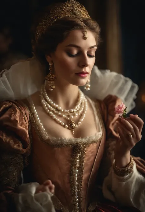 (((Masterpiece, highest quality, high definition))) woman dressed in 16th century satin, elaborate cloth, pearl jewelry, eyes closed, looking to heaven holding a flower