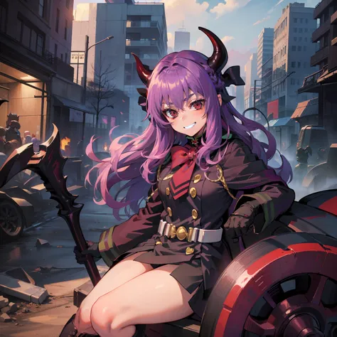 (masterpiece), best quality, expressive eyes, a perfect face, 1girl, solo, purple hair, red eyes, demon, one horn, horn in the m...