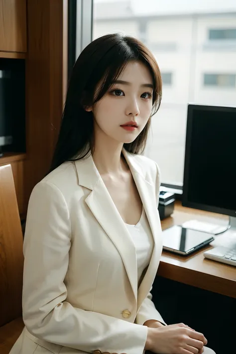 High-res, Realistic portrait of professional korean office lady with perfect skin，Professional suits，Womens suits，stand posture，The upper part of the body，Women in the workplace，Show confidence and maturity, Surrounded by a modern corporate environment, Vi...