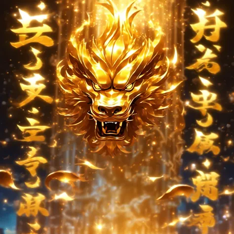 Based on the Final Fantasy summoning beast Bahamut，Scroll by hand，(Transparent shining golden Chinese characters floating in the air:2)，Vertical text，kirakira，(Blue-robed scholar:1.5)，Long flowing hair fluttering in the wind，brunette color hair，16 K, hyper...