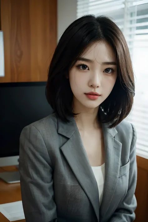 High-res, Realistic portrait of professional korean office lady with perfect skin，Professional suits，Womens suits，stand posture，The upper part of the body，Women in the workplace，Show confidence and maturity, Surrounded by a modern corporate environment, Vi...