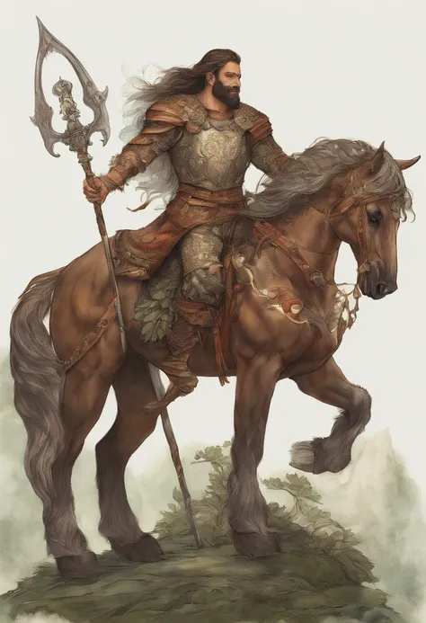 masterpiece, best quality, a portrait of a man, centaur, extremely detailed, looking at viewer, grizzly, leather armor, animal hide, horse, hooves, hide armor, clothed, druid magic, nature, fullbody, standing, tall