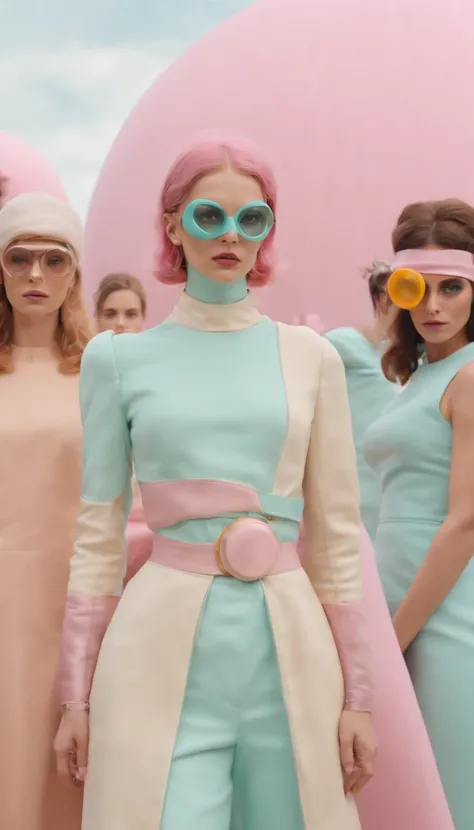 8k portrait of a 1960s science fiction film by Wes Anderson, Vogue anos 1960, pink pastel colors, amarelo, azul, verde, There are people wearing weird futuristic chameleon masks and wearing extravagant retro fashion outfits and men and women wearing alien ...