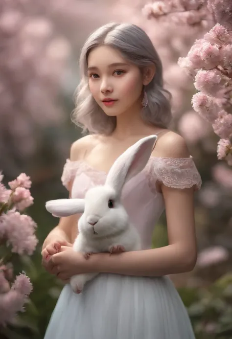 detail, Realism, 4K, 15-year-old girl, detail in face, Big yellow eyes, Plump lips, Upturned nose, Gray hair with pink hair, wears a white dress, A rabbit in his hand, Flowers in the background, White butterfly in the foreground, Realistic shooting, Depth ...