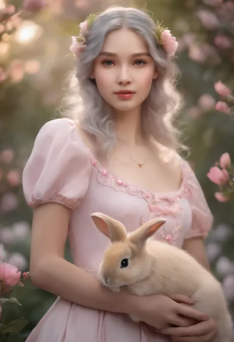 detail, Realism, 4K, 15-year-old girl, detail in face, Big yellow eyes, Plump lips, Upturned nose, Gray hair with pink hair, wears a white dress, A rabbit in his hand, Flowers in the background, White butterfly in the foreground, Realistic shooting, Depth ...