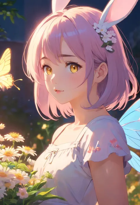 detail, Realism, 4K, 15-year-old girl, detail in face, Big yellow eyes, Plump lips, Upturned nose, Gray hair with pink hair, wears a white dress, A rabbit in his hand, Flowers in the background, White butterfly in the foreground, Realistic shooting, Depth ...