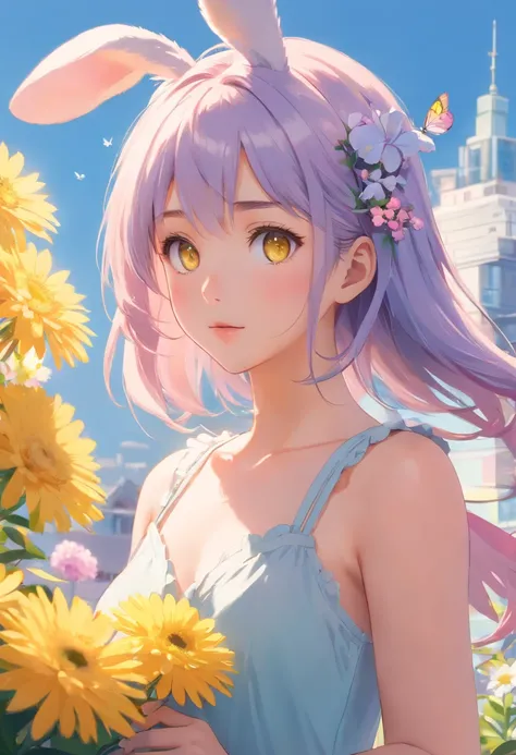 detail, Realism, 4K, 15-year-old girl, detail in face, Big yellow eyes, Plump lips, Upturned nose, Gray hair with pink hair, wears a white dress, A rabbit in his hand, Flowers in the background, White butterfly in the foreground, Realistic shooting, Depth ...