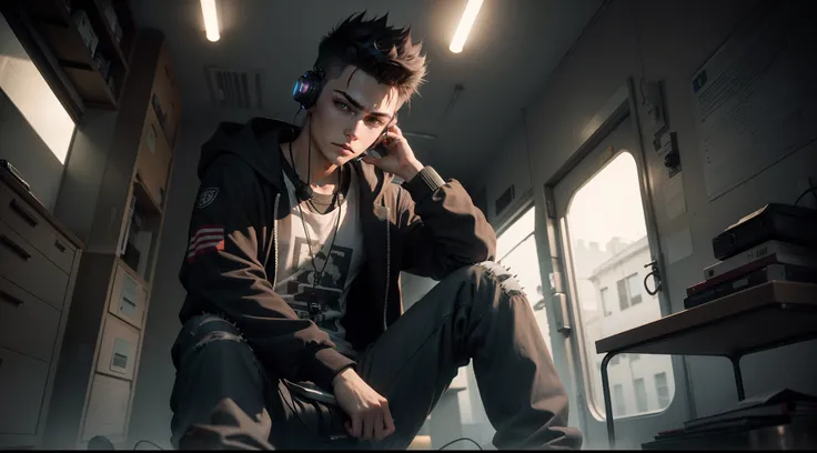 Urban legend with short spiky hair sitting with control in hand  with headphone in ear seeing camera