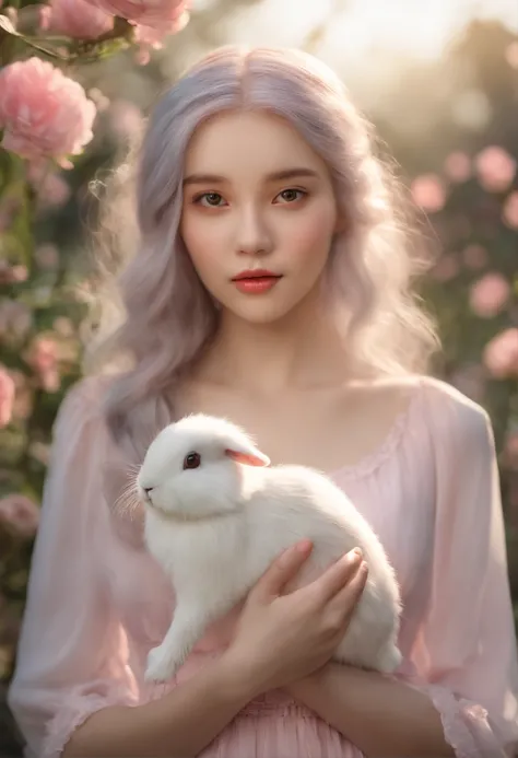 detail, Realism, 4K, 15-year-old girl, detail in face, Big yellow eyes, Plump lips, Upturned nose, Gray hair with pink hair, wears a white dress, A rabbit in his hand, Flowers in the background, White butterfly in the foreground, Realistic shooting, Depth ...