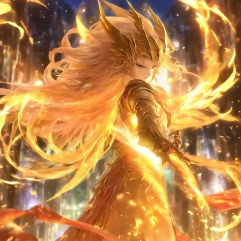 Final Fantasy Summoner Bahamut，myth、(Transparent golden light，kirakira，Long flowing hair fluttering in the wind，brunette color hair、 hyper HD, High resolution, Very detailed, Top image quality,(dynamicposes:1.5)，Arranged in an orderly manner