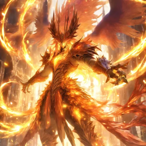 Final Fantasy Summoner Bahamut，myth、(Transparent golden light，kirakira，Long flowing hair fluttering in the wind，brunette color hair、 hyper HD, High resolution, Very detailed, Top image quality,(dynamicposes:1.5)，Arranged in an orderly manner