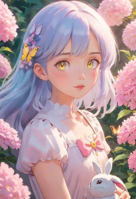 detail, Realism, 4K, 15-year-old girl, detail in face, Big yellow eyes, Plump lips, Upturned nose, Gray hair with pink hair, wears a white dress, A rabbit in his hand, Flowers in the background, White butterfly in the foreground, Realistic shooting, Depth ...