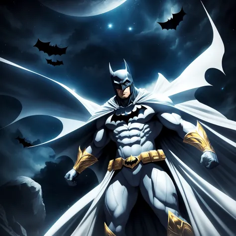 the celestial Batman, wearing white and gold costume, super aesthetic, white eyes, in the Bat cave, bats in the background, ultra detailed, human anatomy, no duplicate arms or legs, alone, super strong --auto