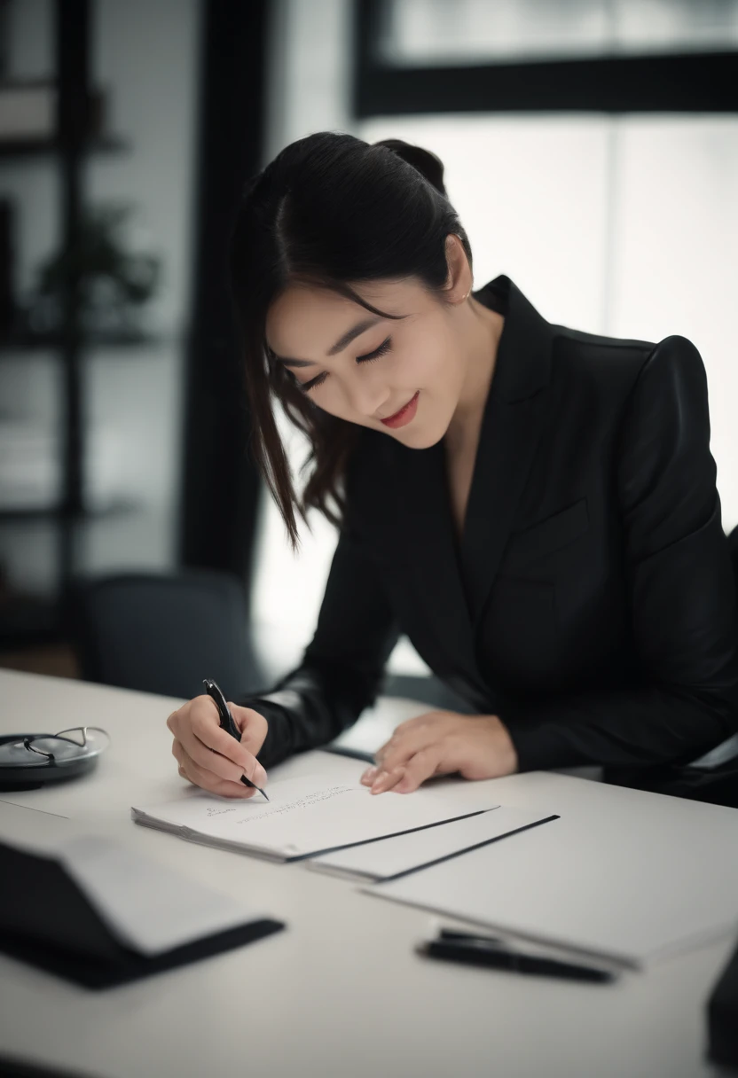 Wearing black leather gloves in both hands, upper body, black business suit, facing the desk in the modern study in the dark, looking down and smiling, writing a letter using a fountain pen, long, straight black hair, young and very cute Japanese female ne...