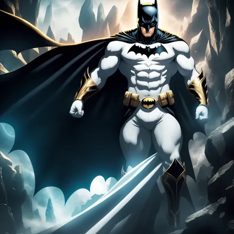 the celestial Batman, wearing white and gold costume, super aesthetic, white eyes, in the Bat cave, bats in the background, ultra detailed, human anatomy, no duplicate arms or legs, alone, super strong --auto