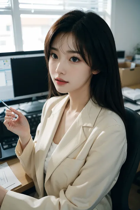 High-res, Realistic portrait of professional korean office lady with perfect skin，Professional suits，Womens suits，stand posture，The upper part of the body，Women in the workplace，Show confidence and maturity, Surrounded by a modern corporate environment, Vi...