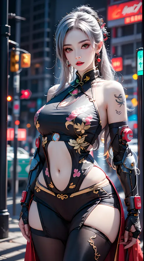 photorealistic, high resolution, 1women, mature female, solo, hips up, jewelry, tattoo, white hair, long hair, make up, pink lips, cyber wear, cyberhanfu, cheongsam, chinese_clothes, cyberpunk 2077 style, cyborg, mechanical body parts, chinese achitecture