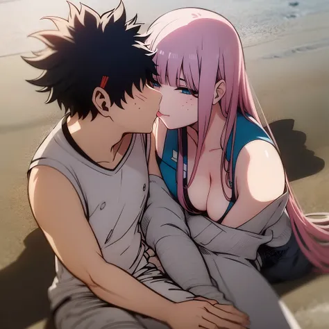 zero two, 1girl, zero two naked_shirt,vest_print:, izuku from bnha, izuku and zero two being a lovey dovey couple very affective in a beach, izuku with pants and pullover, love , happy, ,1girl, hug, ,sitting, standing, french kiss, kissing, 1boy,  couple, ...