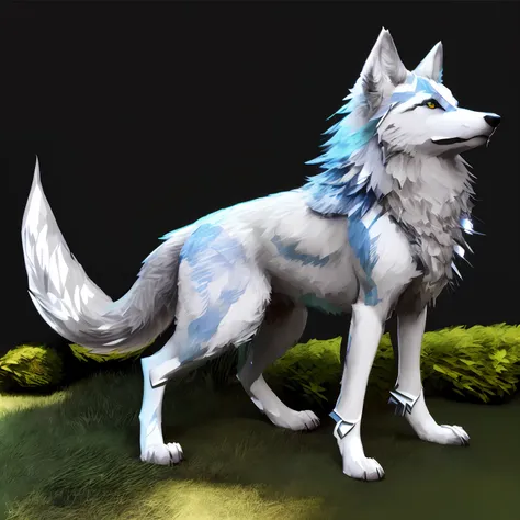 painting of a white wolf with blue eyes standing on a green surface, an anthropomorphic wolf, anthropomorphic wolf, stylized as a 3d render, female anthropomorphic wolf, anthropomorphic wolf male, lineless, furry wolf, an anthro wolf, husky in shiny armor,...