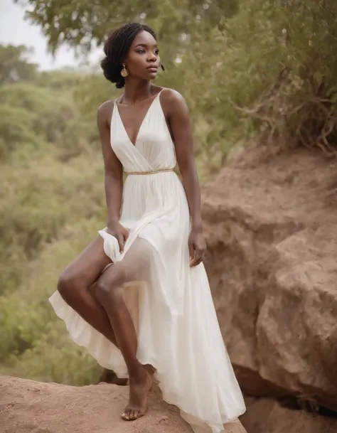 girl wearing a simple long white dress sitting on rock, in the style of african influence, eye-catching resin jewelry, dark gold and light beige, pastoral settings, raw authenticity, olympus om-1, art of the ivory coast , ((upper body))