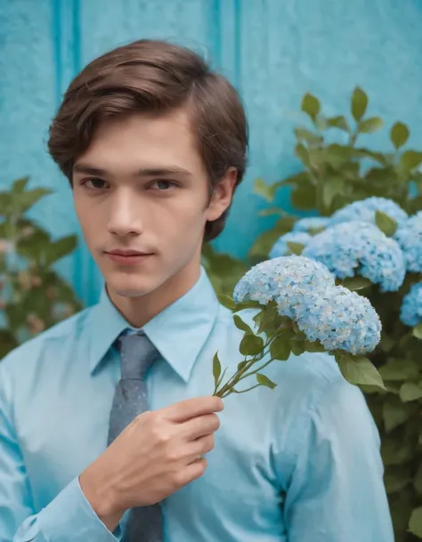 teenage boy in a sky blue formal shirt, 70s style, holding a flower in his hand, romantic look, half length shot, front lighting, background with tapestry of tiny flowers, high quality photo