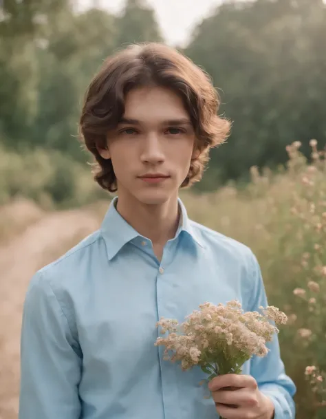 teenage boy in a sky blue formal shirt, 70s style, holding a flower in his hand, romantic look, half length shot, front lighting, background with tapestry of tiny flowers, high quality photo