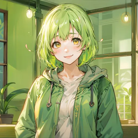 a beauty girl，yellow-green hair，bobhair、short-hair、gentle drooping eyes，large full breasts、校服，manga style，fulcolor，hi-school gir...