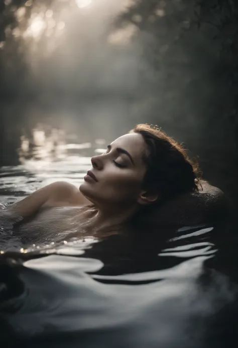 serene and unreal scene, face of a woman seen in profile coming out of the water, gray skin, eyes closed, sleeping, steam, dreamlike atmosphere