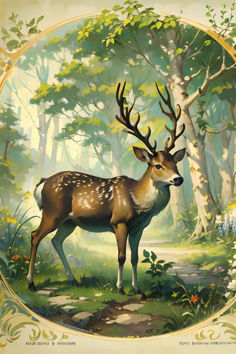 Vintage Victorian style　Precise vintage encyclopedia (best quality:1.2), (detailed:1.2), (masterpiece:1.2), vintage illustrations of magical forest at night, botanical, ((without people)) ((nobody)) deer with glowing horns