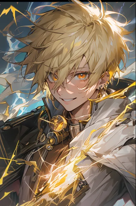 Masterpiece, absurdres, fine detail, HDR, solo, looking at viewer, smile, shirt, blonde hair, 1boy, hair between eyes, jewelry, jacket, golden eyes, upper body, male focus, earrings, necklace, ear piercing, FH , lightning mage, toned, lightning mage robe, ...