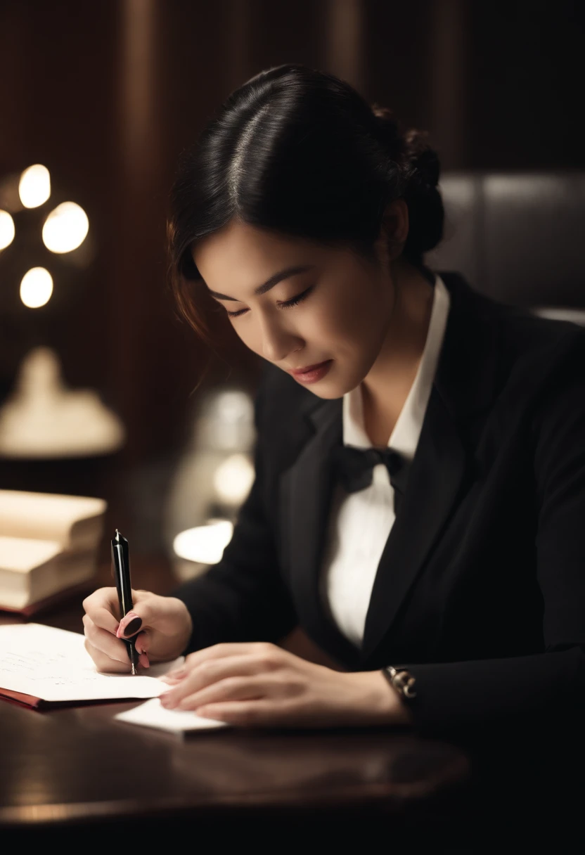 Upper body wearing black leather gloves in both hands, black business suit, facing the desk in the modern study in the dark, looking down, smiling, writing a letter using a fountain pen, long, black hair bundled in the back, young and very cute Japanese fe...