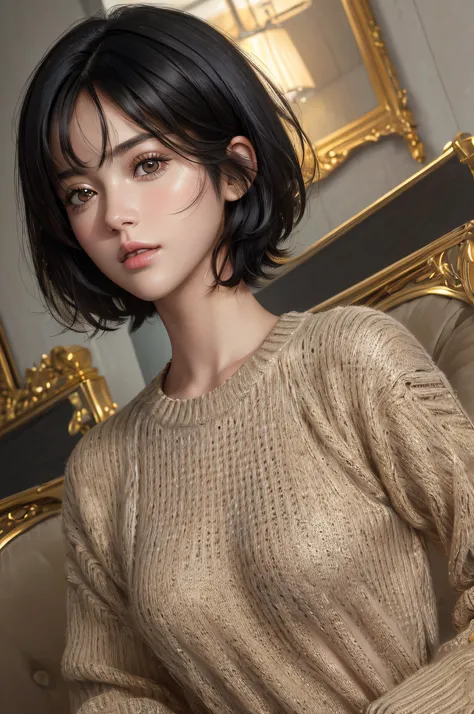 (masterpiece:1.3), (8k, photorealistic, RAW photo, best quality: 1.4), (1girl), beautiful face, (realistic face), (black hair, short hair:1.3), beautiful hairstyle, realistic eyes, beautiful detailed eyes, (realistic skin), beautiful skin, (sweater), absur...