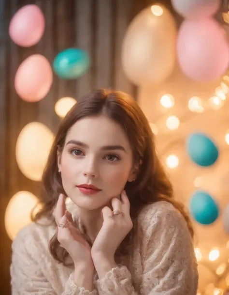 Girl dressed in retro style, Easter photo with Easter eggs behind her, colored lights, lights in the background, bokeh style, semi-long shot, high quality photo, (close-up)